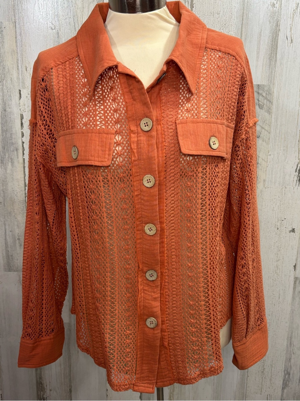 New In‎ Crochet Openwork Button-Up Shirt Jacket - Burnt Orange